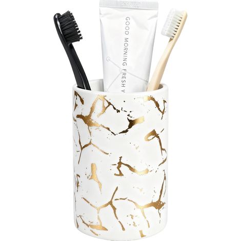 Porte-brosse à dents en marbre doré, porte-brosse à dents en céramique noir et blanc, boîte à dents moderne, utilisée pour comptoir de salle de bain, décoration de salle de bain marbrée dorée (blanc) (1/5)
