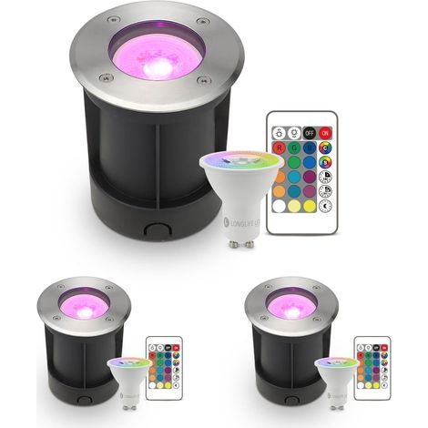 LED Bodeneinbaustrahler rund Edelstahl 230V IP67 - Leuchtmittel: GU10 5W RGB+CCT inkl. IR Fernbedienung - Anzahl: 3x