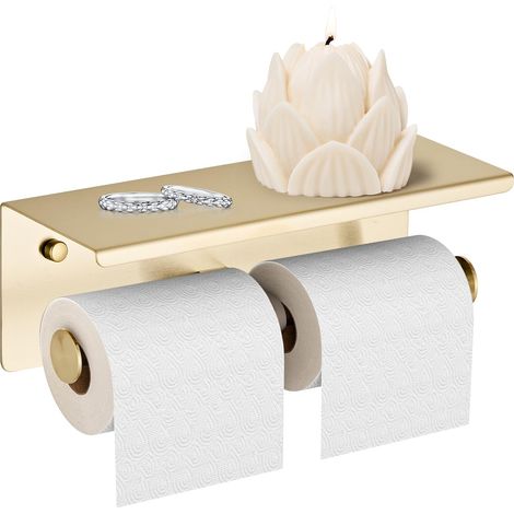Porte-papier toilette double pour smartphone avec étagère dorée brossée, en acier inoxydable SUS 304 à double tête pour salle de bain - Support de rangement mural en tissu (or brossé) (1/5)