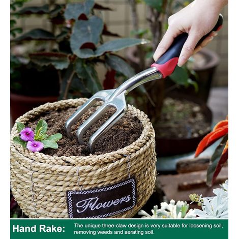 Ensemble d'outils de jardin - Ensemble d'outils de jardin en aluminium 3 pièces avec truele, transplanteur et râteau à main, poignée ergonomique confortable et antidérapante (rouge cerise) (1/2)