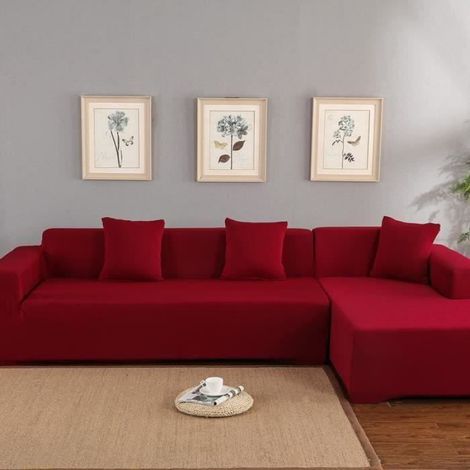 Housse de canapé d'angle 3+2 places en polyester - vin rouge, douce, lavable et protectrice (1/4)