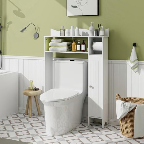 COSTWAY Meuble WC Au-Dessus de Toilettes, Compartiment Ouverte, Porte-Rouleau, Placard avec 2 Étagères Réglables, Anti-basculement, 20 x 75,5 x 110 cm, Blanc