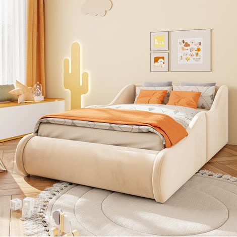 Cama infantil tapizada 90 x 200 cm con cabecero alto y barreras laterales beige OKWISH (1/5)
