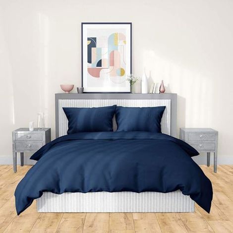 Parure de lit - COTE DECO - Satin 100% Coton - Bleu Indigo - 260x240 cm - 2 Taies d'oreiller
