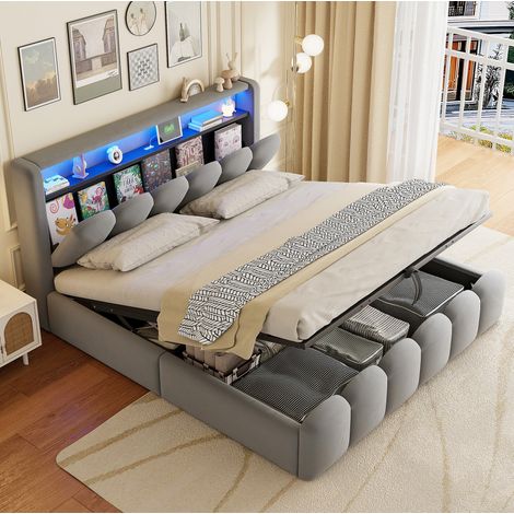 Letto matrimoniale 189x228.5x110.5 cm, con contenitore idraulico, LED, porte USB e Type-C, velluto, grigio (1/5)