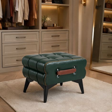 Sgabello poggiapiedi portatile in PU verde, con maniglia e gambe in acciaio, 43 x 33 x 30 cm DESVIAE (1/5)