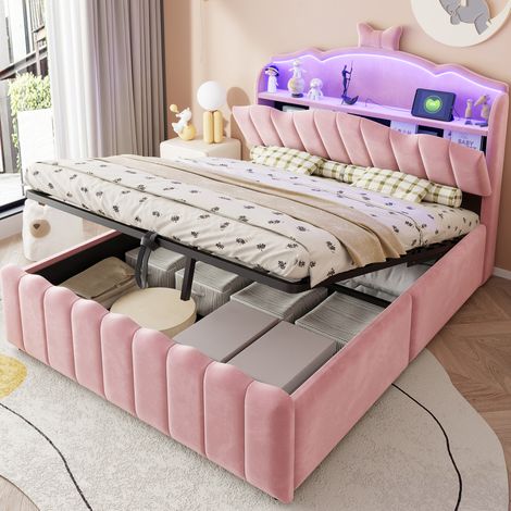 Kinderbett 140x200 cm Rosa aus Samt und Metall mit LED, USB-C und Stauraum (1/5)