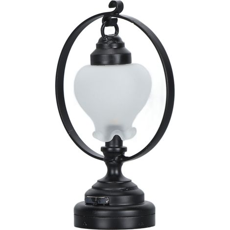 Lampe de table miniature pour maison de poupée (échelle 1:12) : cercle noir dépoli en métal et verre, forme de fleur. (1/5)
