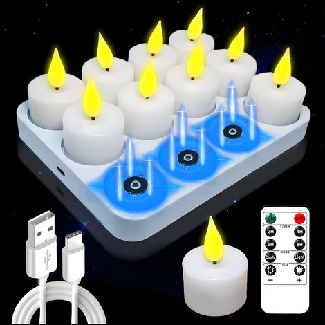 Lot de 12 Bougies Chauffe-Plat LED Rechargeables Sans Flamme, Station Magnétique, Télécommande et Minuterie, Effet Flamme, B (1/5)
