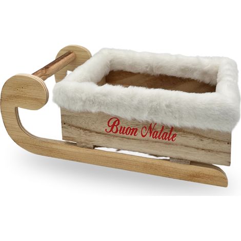 Slitta di Natale porta regali in legno ideale per addobbo natalizio con pelliccia bianca e scritta in rosso - Misura 34x18x12 cm (1/5)