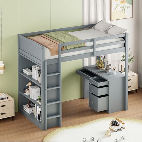 Lit mezzanine enfant en bois gris 90x200 cm avec bureau, armoire de rangement et sommier à lattes (1/5)