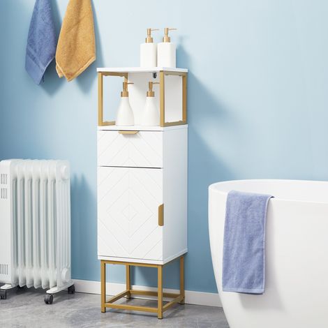 Mueble de baño, mueble columna de baño con cajón, mueble y estante de madera y metal, 30x30x105cm, blanco (1/5)