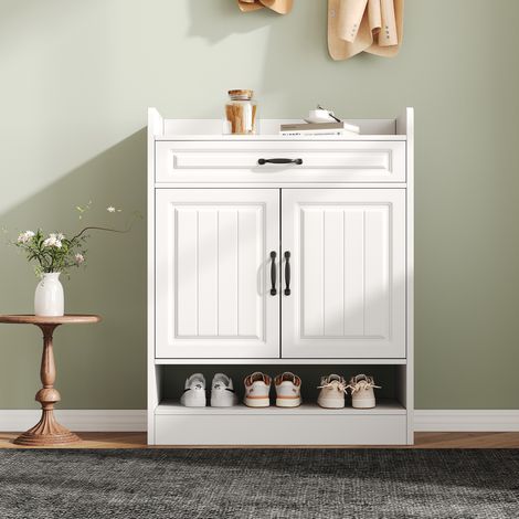 Schuhschrank 75 x 36 x 95,5 cm – mit verstellbaren Regalen, schwarzen Griffen und einer Schublade, 2 Türen – Weiß