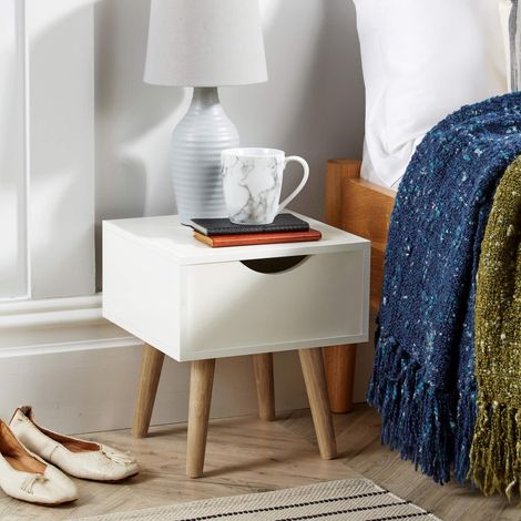 White Bedside Cabinet 1 Drawer Lamp Side Table Solid Wood Legs Scandi Style