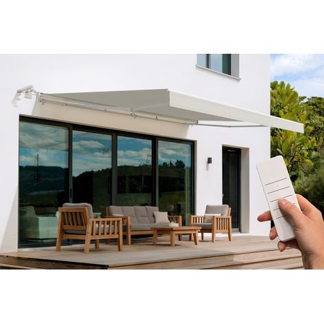 Toldo motorizado FAZZIO de 5 m x 3 m, blanco, tipo semicassette, con tela beige (1/4)
