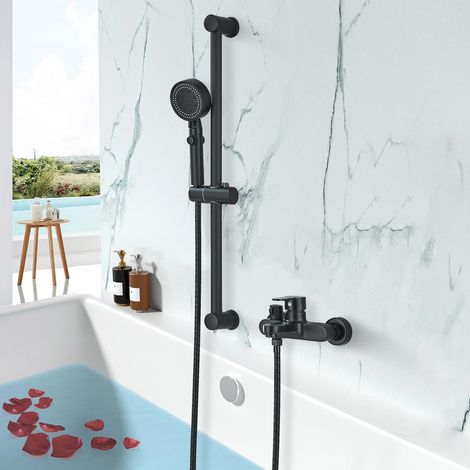 Robinet de baignoire avec douchette - Noir - Mitigeur de baignoire avec barre de douche de 690 mm et douchette de 1,5 m (1/5)