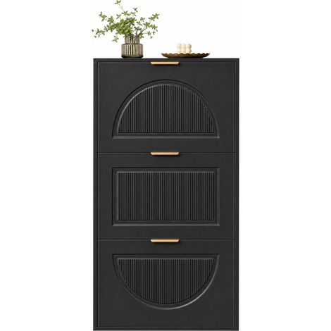 CHICFURN Meuble à chaussures étroit à 3 abattants, rangement gain de place pour entrée et couloir, noir, design moderne, sécurité anti-basculement (1/5)