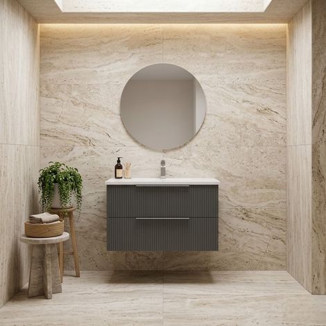 Mobile bagno sospeso con 2 cassetti colore grigio 80 cm e specchio. MALIGI HOME MG-MARTE Grigio (1/5)