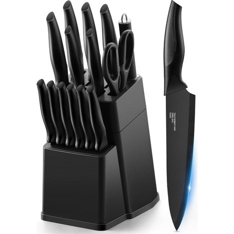 15-teiliges Messerblock-Set mit Wetzstahl, Edelstahl, Antihaftbeschichtung, Schwarz (1/4)