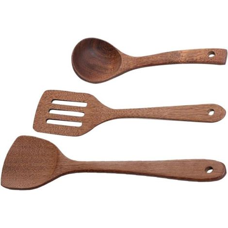 3 pièces ustensiles bois, manche long confortable, spatule pelle cuillère courbée, cuisine maison et restauration