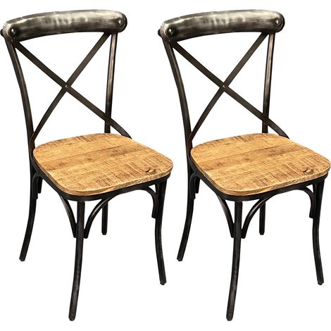M&S – Lot de 2 chaises bistrot 41x41x90 cm – Assise en bois ciré – Structure en fer noir – Style vintage pour cuisine et salle à manger