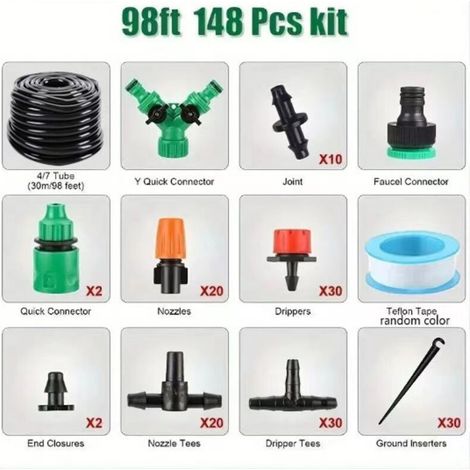 Système d’arrosage goutte à goutte 30 m – Kit micro-irrigation pour jardin, serre, pelouse et plantes avec tuyau et buses réglables