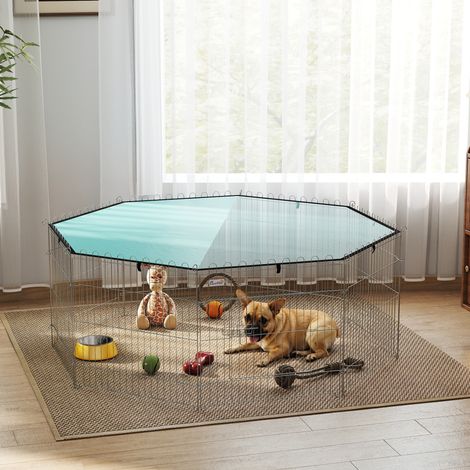 Recinto per cani, box a 8 pannelli con tetto, modulare e pieghevole, box portatile alto 60 cm con porta verde argento.