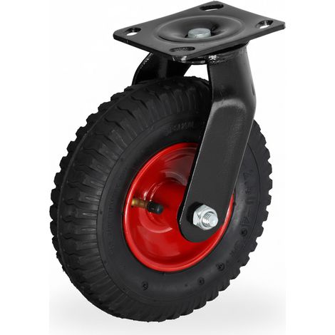 Relaxdays swivel pneumatic castor 2.50-4, heavy-duty transport, steel plate for screw mounting, up to 120 kg, black/red (1/5)