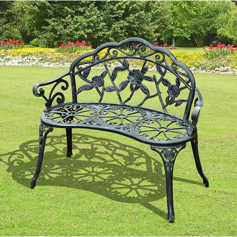 MODFU – Panchina da giardino 2 posti 100x54x78 cm con motivo floreale, seduta e schienale in alluminio e piedi in ghisa – Verde antico (1/5)