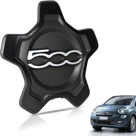 Enjoliveur Fiat 500X, Cache Moyeu Central (1 Bord Noir Lettres Argent) Remplacement Direct, Fixation Renforcée, Compatible 2012-2022, Résistant (1/5)