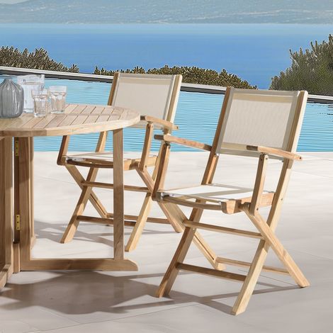 FUN - Lot de 2 fauteuils pliants bois teck textilène couleur beige (1/5)