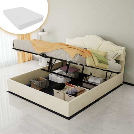 DESVIAE Lit coffre rembourré avec tête de lit géométrique 160 x 200 cm beige tissu et métal avec matelas inclus Mano Mano (1/5)
