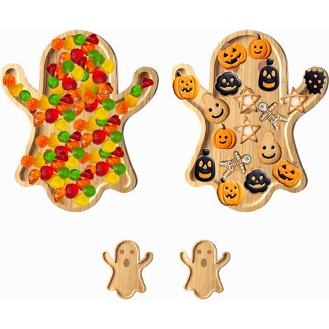 Ensemble de 2 plateaux en bois (14 x 12,5 x 0,8 pouces) sur le thème d'Halloween, parfaits pour les bonbons et les biscuits, couleur bois naturel. (1/5)