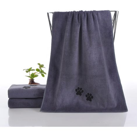 Serviette absorbante en microfibre pour chiens et chats, gris foncé avec pattes brodées, séchage rapide et douce pour le pelage