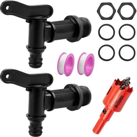 Plastic Tank Tap, 2 Pieces Rainwater Tank Tap, Water Tank Taps, Replacement Plastic Tap with Adhesive Tape and Hole Opener, for Rainwater Harvesting
