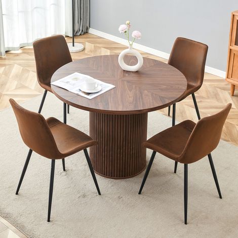 Ensemble minimaliste comprenant une table ronde en MDF effet noyer de 100 cm de diamètre et quatre chaises assorties en tissu technique avec assise large (1/5)