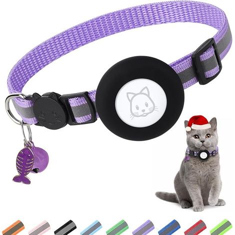 Collier réfléchissant pour chat en forme d'arête de poisson - Positionnement avec manchon en silicone Airtag（Violet）