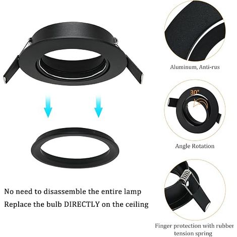 Spot Encastrable GU10 Orientables Aluminium Noir, Cadre De Montage Avec Douille GU10, Support Spot Encastrable Plafond Pour LED, Trou de montage ø75mm (1/4)