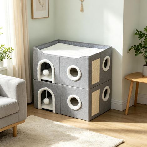 Cueva plegable para gatos de interior, casita para gatos con rascador, cama elevada, múltiples entradas, juguete colgante y cojín reversible (solo con 1 casita para gatos). (1/5)