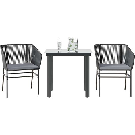 3-tlg. Garten-Essgruppe mit Kissen Schwarz Poly Rattan Glas