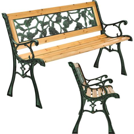 Juskys Gartenbank Venezia – 2-Sitzer Holzbank mit Armlehnen & Rückenlehne – wetterfeste Sitzbank 122x54x73 cm - Seitenelemente aus Gusseisen (1/5)