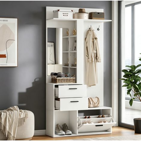 Perchero de entrada blanco de 90x30x180 cm con espejo, 2 cajones, zapatero plegable, 3 ganchos, MDF (1/5)