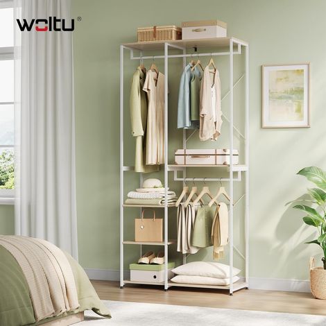WOLTU Perchero Burro Ropa Perchero Burro con Estante Multiusos Fuerte Metal y Madera 90 x 40 x 204.5 cm(L x P x H) Color Blanco+Roble Claro