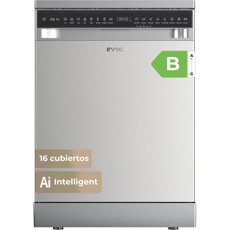 Lavavajillas EVVO D5YX Inox, 16 cubiertos, Clase B, 45 dB, 8 programas, Libre instalación