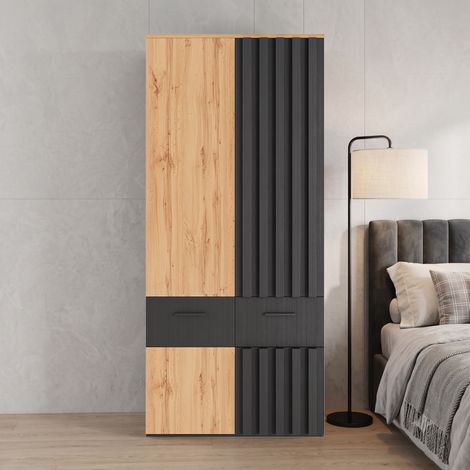 Armoire 90x50x200 cm avec penderie, façade à lattes, 2 tiroirs et 2 étagères, meuble dressing en MDF Noir et Naturel (1/5)
