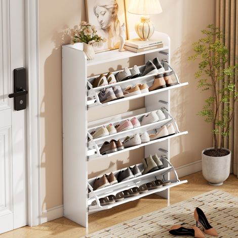 Meuble à chaussures haut blanc 70x25x120cm MDF, 6 compartiments, étagère rangement pour entrée hall salon (1/5)