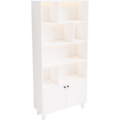 Librería blanca 80 x 30 x 173 cm con LED, 4 niveles y 2 puertas (1/5)