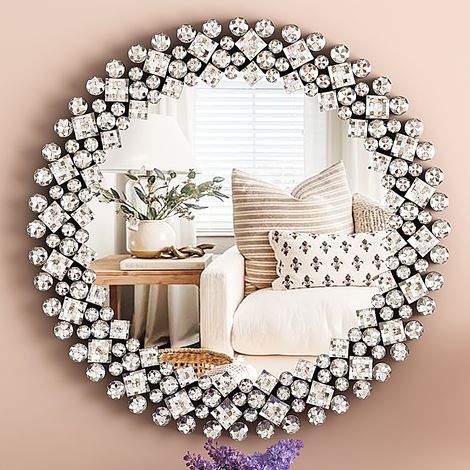 17.71in Modern Glam Crystal-Encrusted Round Wall Mirror - Decorative Accent Mirror for Living Room & Entryway