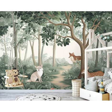 Vlies Fototapete Kinderzimmer 150x105 cm Wald Landschaft - Fototapeten Tapeten für Kinder Mädchen & Jungen - Kindertapete - Kinderzimmertapete Hirsch Reh grün, WallArena (1/4)