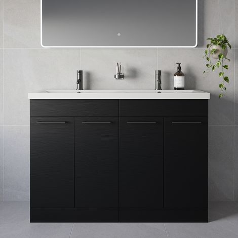 Napoli 390 Nero Oak 1200mm 4 Door Vanity Unit with Double Glide Basins - 1200mm - Gunmetal Grey 160mm Handle